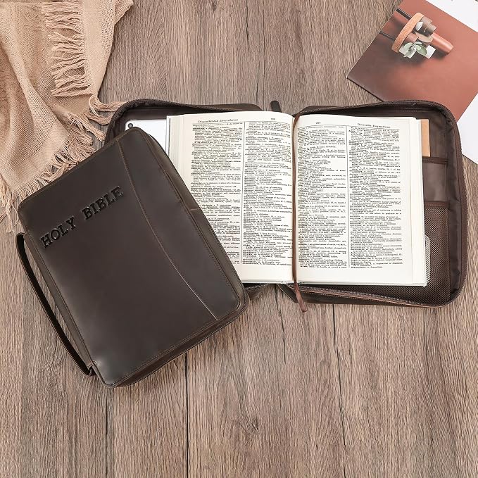 Polare Full Grain Leather Holy Bible Cover Church Bag 11x8.25x2.25 inch Bible Carrying Book Case Protective Organizer Holder