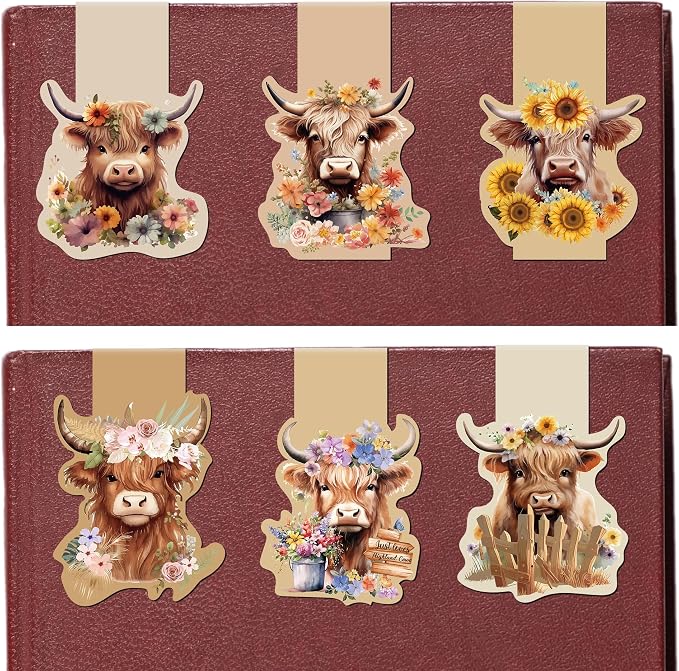 Highland Cow Magnetic Bookmarks - 6 Pack Book Marks Animals Shapes Magnets Bookmark Gifts Animal Paper Art Mark Party Office School Accessories Gift for Boys Girls Student Women Teacher