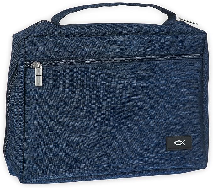 Christian Art Gifts Polyester Bible Cover for Men & Women w/Jesus Fish Patch, Zipper Pocket, Pen Loops, Easy Carry Book Case for Stationery, Accessories, Navy Blue, XL