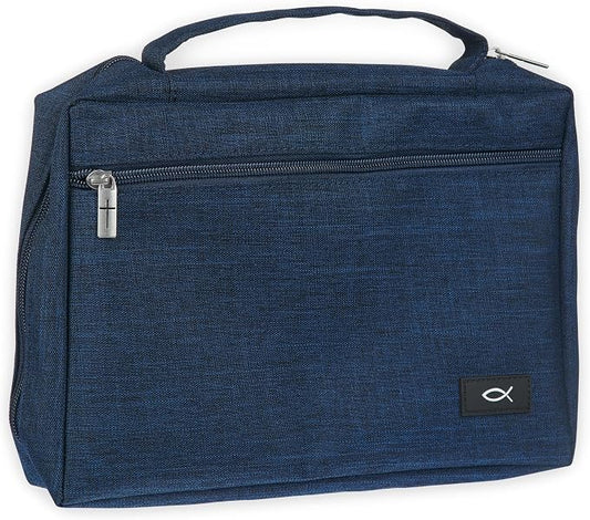 Christian Art Gifts Polyester Bible Cover for Men & Women w/Jesus Fish Patch, Zipper Pocket, Pen Loops, Easy Carry Book Case for Stationery, Accessories, Navy Blue, Large