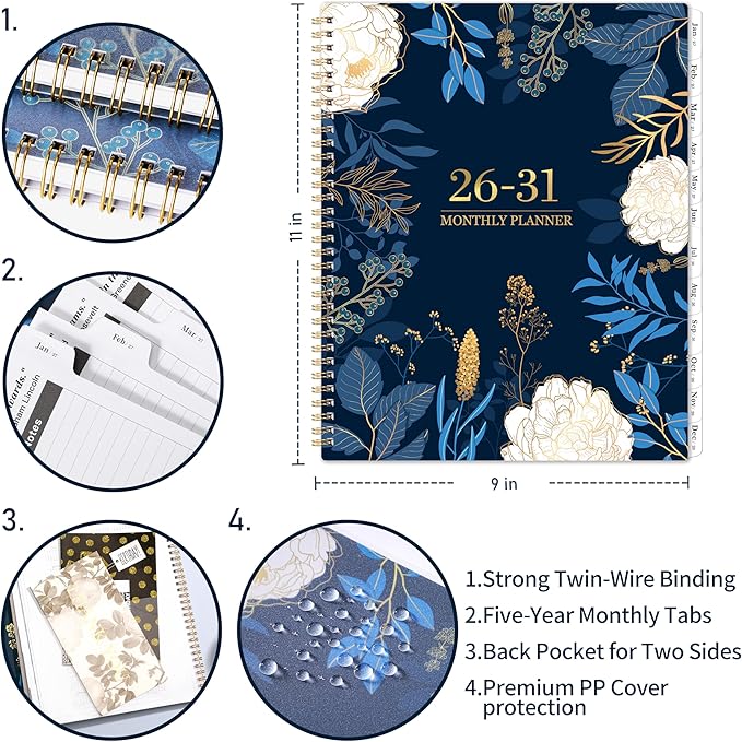 2026-2031 Monthly Planner - 5 Year Planner/Calendar 2026-2031, 11" x 9", 2026 Calendar Planner, Jul 2026 - Jun 2031, Tabs, Back Pocket, Holidays, Twin-Wire Binding, Note Pages