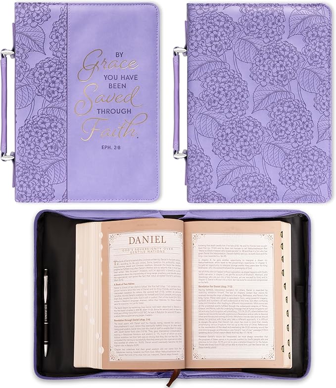 Christian Art Gifts Faux Leather Fashion Bible Cover for Women: By Grace You Have Been Saved - Ephesians 2:8 Inspirational Bible Verse, Hydrangea Lavender-Purple, Large
