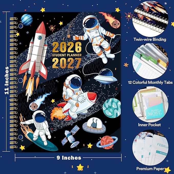 Student Planner 2026-2027 - School Planner 2026-2027, Aug. 2026 - Jun. 2027, 9" x 11", 26-27 Academic Planner with 3-Hole Punched, Colourful Tabs & Stickers