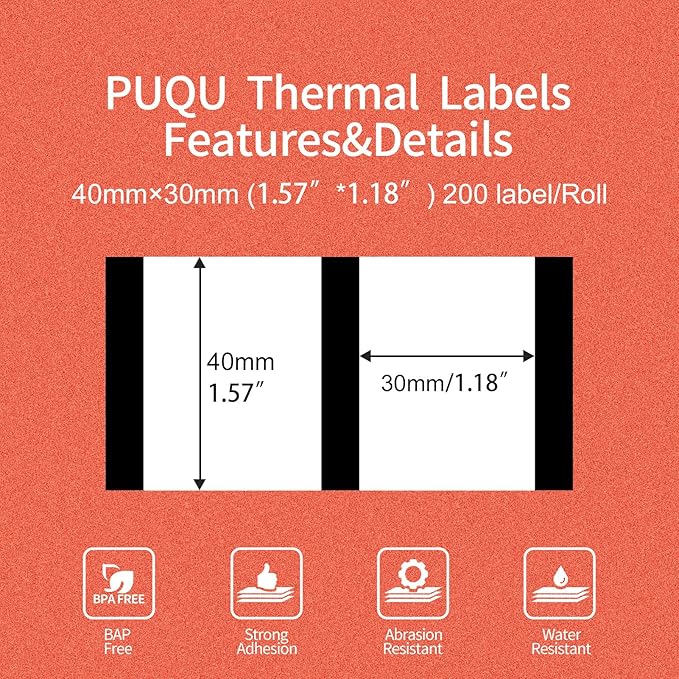 PUQU 40x30mm Transparent Direct Thermal Sticker Labels, Label Printer Self-Adhesive All-Purpose Rectangular Label Maker Tape, Refills Standard Laminated Office Labeling, 1 Roll of 200 Labels