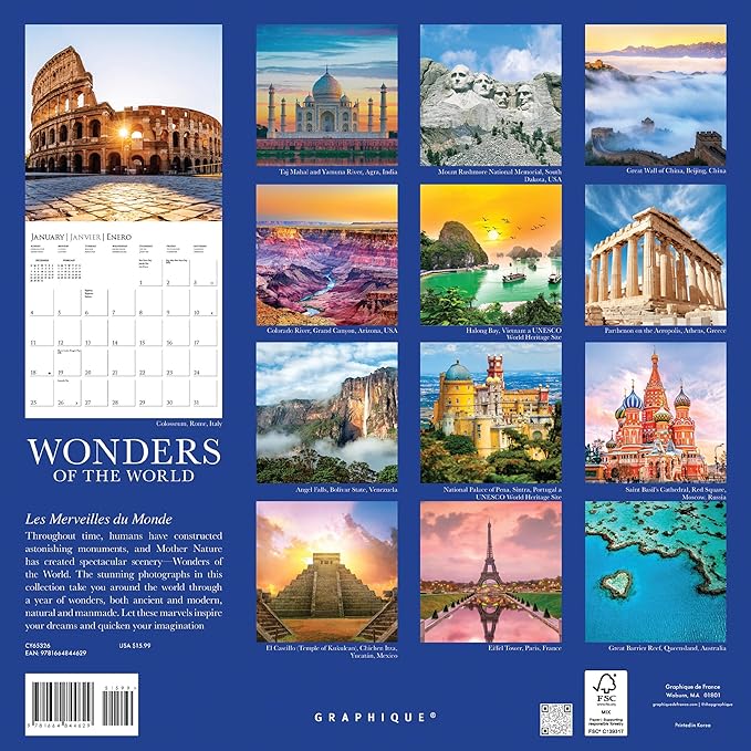 Graphique 2026 Wonders of the World Wall Calendar | 12” x 12” | Thick Paper | Home & Office Organizer | Large Monthly Grid | 3 Languages & Marked Holidays | 4 Month Preview Page for 2027