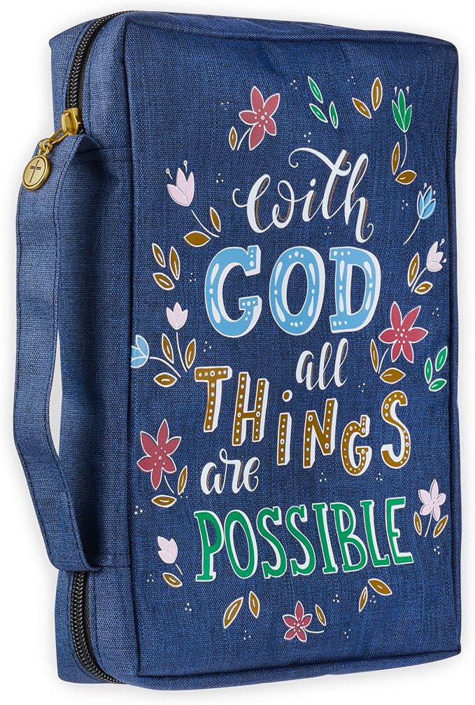Christian Art Gifts Men/Women's Bible Cover with God All Things are Possible Matthew 19:26, Blue Floral Canvas, Medium