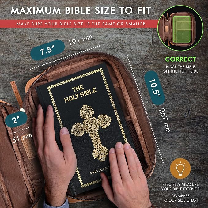 ELIZO Leather Bible Cover for Men Bible Case for Women Zippered Holder Protector Cross Church Tote Bag Carrying Organizer Sleeve Gift Study Tan