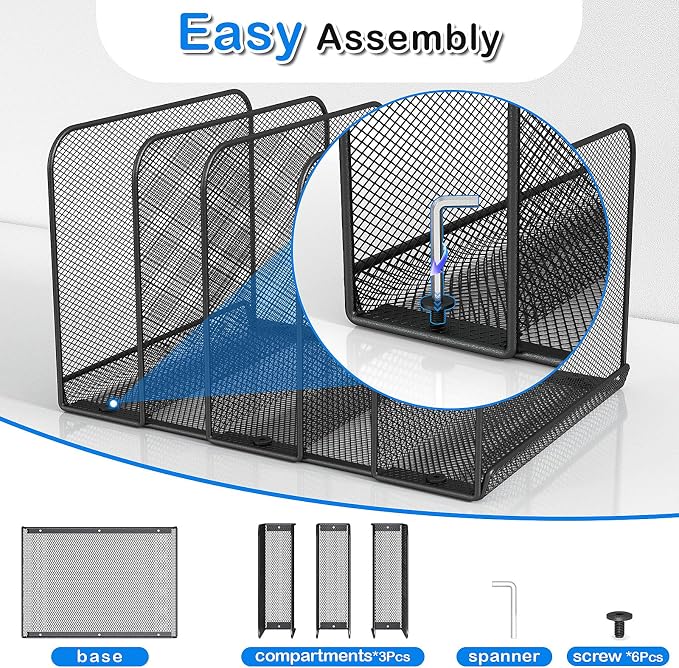 TOPCJ 5 Sections Desk File Holder/Rack/Sorter,Mesh File Organizer,File Folder Organizer,Metal Upright Desktop Organization for Documents,Magazine,Kitchenware,Antiskid,Antirust,Sturdy,1 Pack