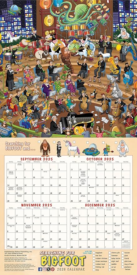 Searching for Bigfoot 2026 Wall Calendar, 12-Month Search & Find Humor Calendar with Hidden Friends, 12" x 12", Monthly Wall Planner with Large Grids for Home or Office