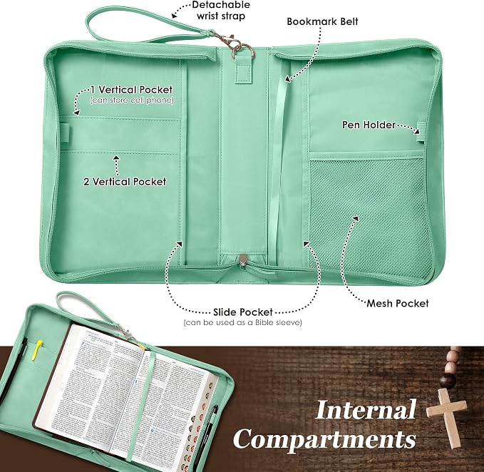 Leather Bible Cover for Women – Large Zippered Case with Handle and Pockets, Floral Book Protector for Study or Church, Christian Gift for Girls and Women, Large Size Bibles (Green)