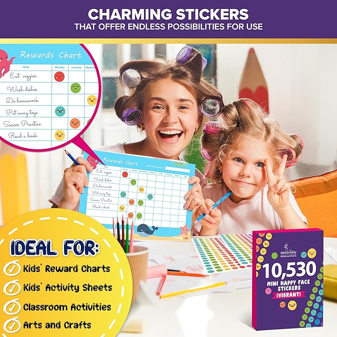Decorably 10,530 Happy Face Small Stickers for Kids Reward Chart - 45 Sheets Sticker Chart Stickers Small for Classroom Activities, Positive Reinforcement, Arts & Crafts, Scrapbooking, Gift