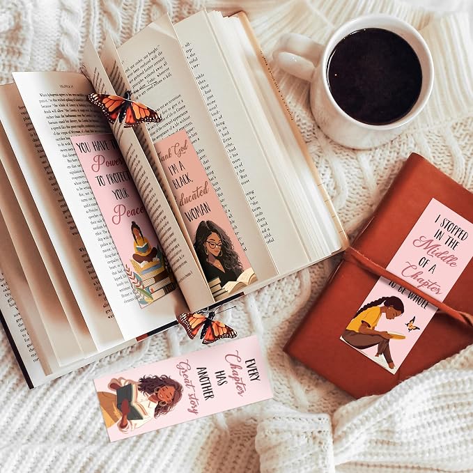 Laffact 240Pcs Book Tracker Bookmarks, Black Girls Themed Paper Bookmarks Bulk, 6.1”×2.4” Double-Sided Reading Page Marker, Black Woman Bookish Gifts for Book Lover School Library Supplies Accessories