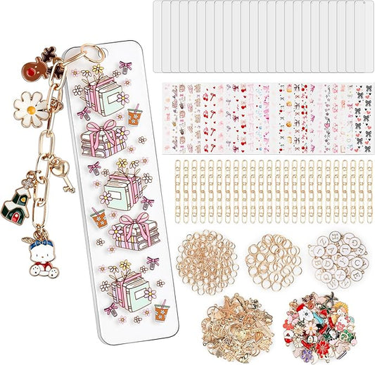 400 Pcs Bow Acrylic Bookmark Blanks(2mm) Thicken 24 DIY Bookmark Making 26 Bow UV DTF Sticker 126 Charms 24 Extender Chains and 200 Jump Ring Suitable for DIY Crafts Gifts