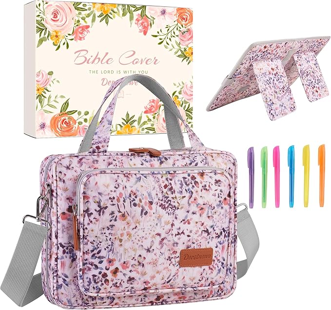 DERSTUEWE Bible Cover Case for Women – Stylish & Durable Bible Bag with Zippered Closure, Floral Print, Fits Standard & Large Bibles, Perfect for Church & Travel, Floral Print