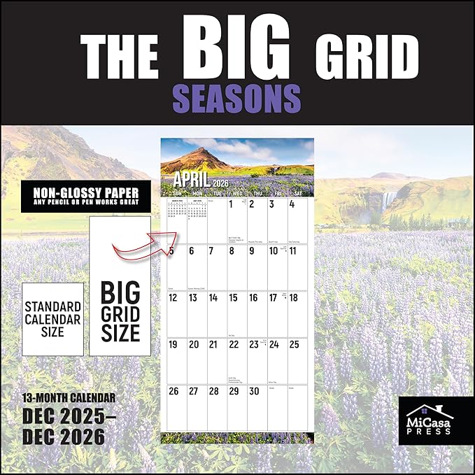 MICASA PRESS The Big Grid - Seasons in Nature 2026 Wall Calendar 12 Month | 12" x 24" Open | Giftable | Jumbo Large Print Calendar 2026