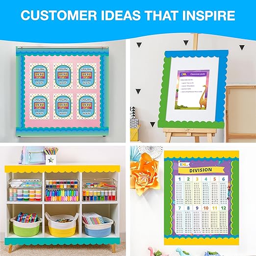 IXL 5 pc Bundle of Colorful Bulletin Board Borders, 65ft Rolls of Green, Blue, and Yellow Scalloped Trim for Rolling Whiteboard, Cork and Posterboard, Party, Office Decorations, and Classroom Decor