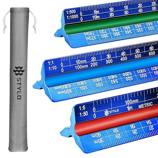 Stylo 12" Aluminum Architect Scale Ruler Laser Etched Triangle Drafting Ruler, Color Coded Grooves for Blueprint, Drafting and Drawing, Architectural Scale Ruler for Blueprints (Blue, Metric Units)