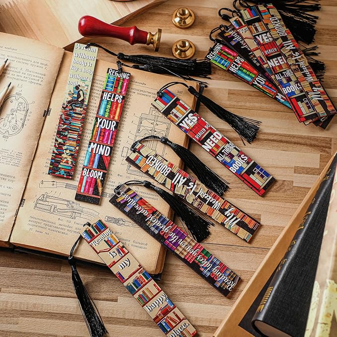 Colarr 12 Pcs Wood Bookmarks for Woman Book Club Gift for Book Worms Books Lovers Bookmarks Bulk with Tassels for Reading Party Favors Books Exchange Club Men & Women Friends(Bookshelf)