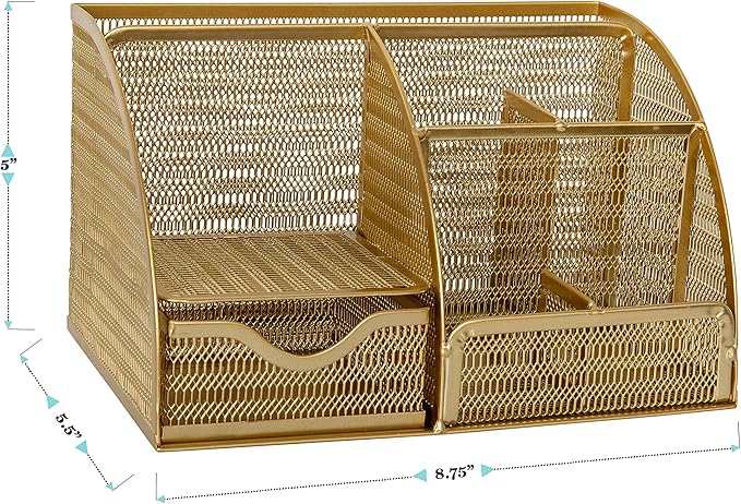 Martha Stewart Ryder Gold Mesh Metal Small Desktop Organizer for Office Accessories, Notebooks, Pen Holder and Drawer