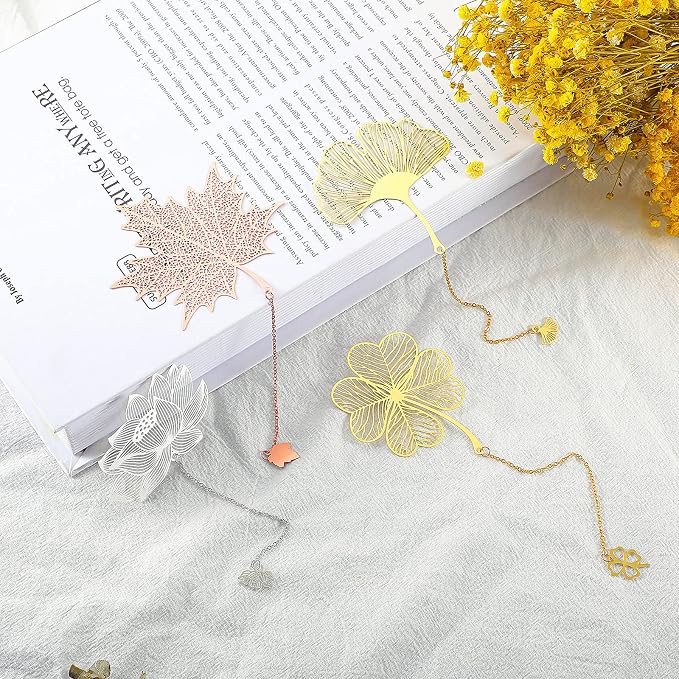12 Pieces Metal Bookmarks with Chain for Women Metal Leaf Bookmark for Book Lovers Writers Readers Children Teens Adults Gold Silver and Rose Gold(Chain Style)