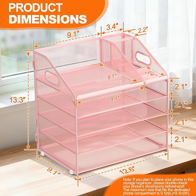 DocNest 5 Tier Metal Mesh Letter Tray - Space Saving Desk File Organizer with Handle, Pen Holder & Folder Holder - Desktop Document Sorter for Office, Home, School, Classroom - Pink