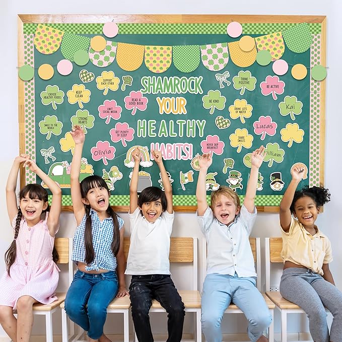 139Pcs St. Patrick’s Day Bulletin Board Decorations, Shamrock Cutouts Gnome Lucky Clover Name Tags Health Themed Classroom Bulletin Board Border Trims Office School Chalkboard Supplies Decor