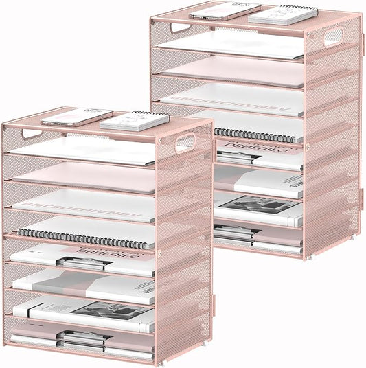 DALTACK 9-Tier Paper Organizer for Desk, Mesh Letter Tray Desk Organizer with Handles, Space-Saving File Organizer for Office Home School, Pink 2 Pack
