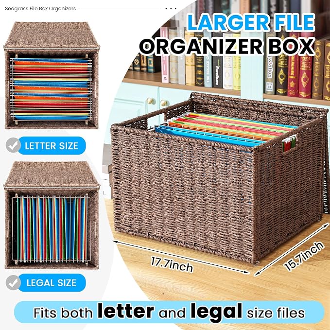 Cinnvoice Extra Large Decorative File Box 18 x 16 x 13 in Wicker Seagrass File Basket Organizer for Letter Legal Size Hand Woven Hanging Filing Cabinet with Lid for Office Paper Rope, Dark Brown