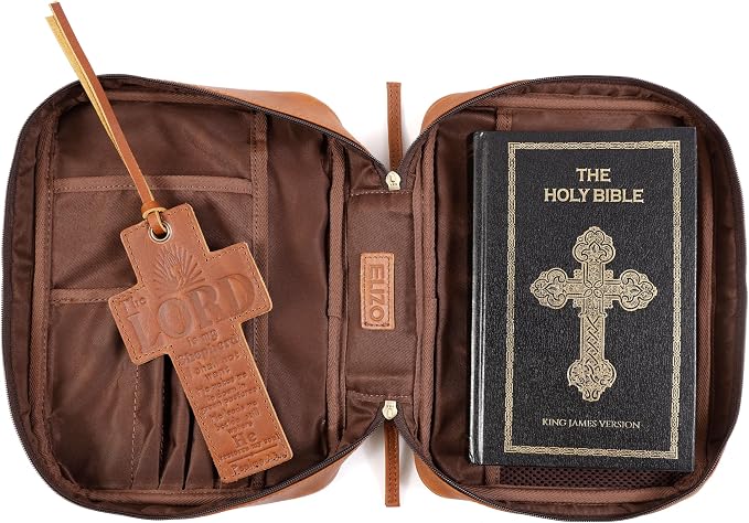 ELIZO Leather Bible Cover for Men Bible Case for Women Zippered Holder Protector Cross Church Tote Bag Carrying Organizer Sleeve Gift Standard Tan