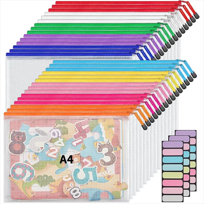 JARLINK A4 Letter Size 30 Pack 10 Colors Zipper Mesh Document Pouch, Mesh Bags for Board Games & Puzzles, Waterproof Document Zipper Pouches for Office School Supplies, Toys, Cosmetics Travel Storage