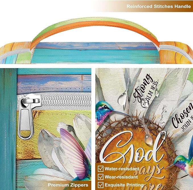God Says You Are Bible Cover for Women with Handle and Zipper Pocket, Inspirational Canvas Bible Case with Hummingbird and Daisy Design, Fits Standard Size Bible, Christian Gift for Girls