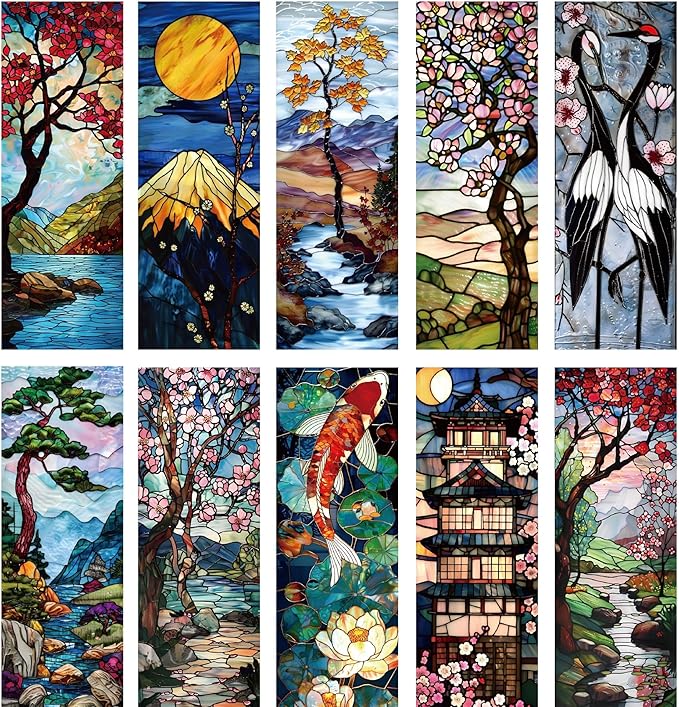 Pretty Stained Glass Bookmark - 10 Pcs Japanese Nature Art Bookmarks for Women Men Book Lovers Students Aesthetic Page Marks School Office Reading Accessories Bookish Birthday Graduation Gifts