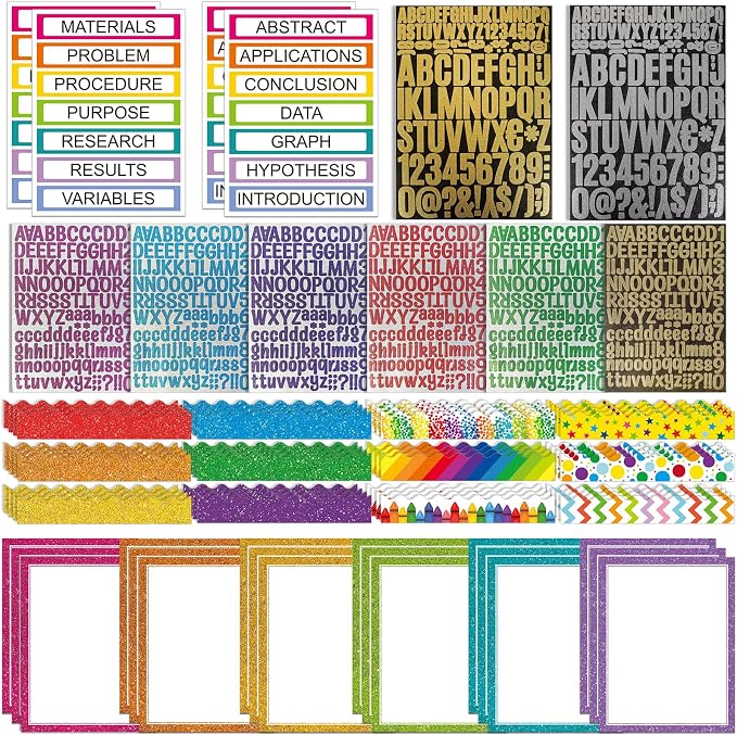Sinload 92 Pcs Science Fair Board Supplies 60 Trim Scalloped Poster Boards 18 Presentation Subtitles 6 Project Titles 8 Letter Sticker for Classroom Display Boards (Glitter Neon,Wave)