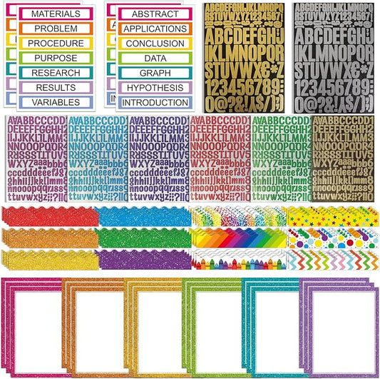 Sinload 92 Pcs Science Fair Board Supplies 60 Trim Scalloped Poster Boards 18 Presentation Subtitles 6 Project Titles 8 Letter Sticker for Classroom Display Boards (Glitter Neon,Wave)