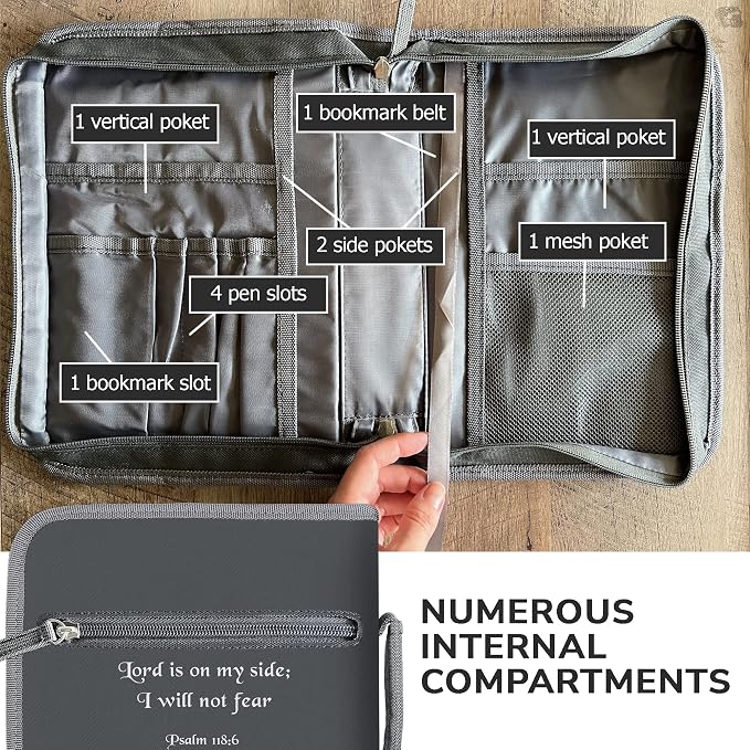 DEHITE Bible Cover Case for Men — Bible Carrying Cases for Men – Grey Large Size – Bag Fits Book 10,1 x 7 x 1.9 in – Pen Slots – Zippered Pocket – Premium Fabric – Christian Gift