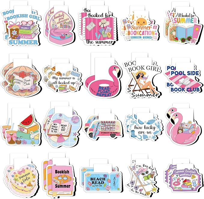 40Pcs Summer Reading Magnetic Bookmarks - Summer Vacation Funny Book Club Bookmarks, Cute Poolside Reading Bookish Page Marker Clips Readers Accessories for Book Lover Back to School Birthday Gift