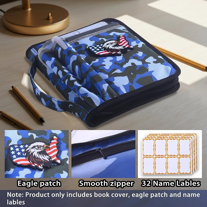 LParkin Blue Camo Scouts Book Cover for Handbook 14th Edition, Boy Camo Waterproof Protective Sleeve with Eagle Patch & 32 Name Labels, Gifts for Boy and Girl Scouts