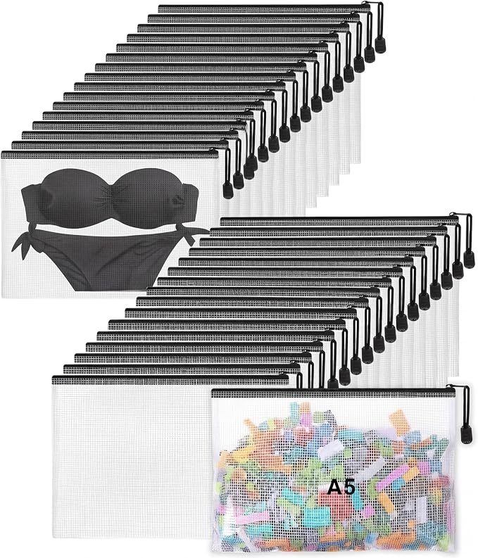 Jetec 32 Pcs Mesh Zipper Bags Toy Storage Bikini Organizer Bag Bolsas Para Guardar Trajes De Bano Waterproof Zipper Reusable Pouch Puzzle Multipurpose for Storage Office(Black,9 x 7 Inch)