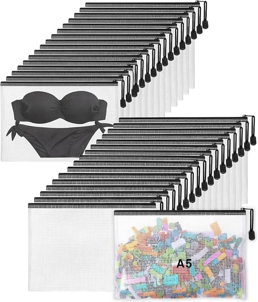 Jetec 32 Pcs Mesh Zipper Bags Toy Storage Bikini Organizer Bag Bolsas Para Guardar Trajes De Bano Waterproof Zipper Reusable Pouch Puzzle Multipurpose for Storage Office(Black,9 x 7 Inch)