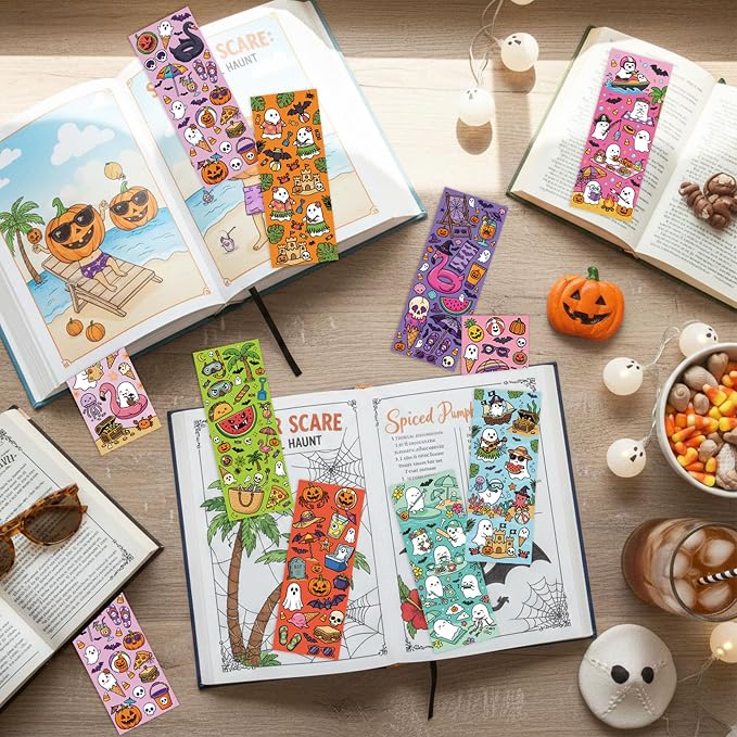 Summer Halloween Ghost Bookmarks Bulk - 240pcs Spooky Gothic Book Marks, Cute Cartoon Ice Cream Watermelon Double-Sided Tracker Bookmark Bookish Items for Book Club Lovers Reading Gifts