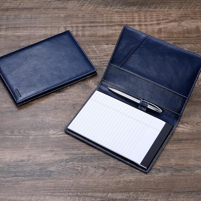 Leather Junior Padfolio for Men & Women with Pen Loop, Italian Calfskin, Business Portfolio Notebook Folder (Antiqued Blue)