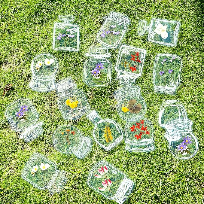 40 PCS Transparent Dried Flower Bookmarks, 2025 New Clear Jars Stickers Set, Can Be Treasured for a Long Time, for Book Lovers (40Pcs Bookmarks-Set C)