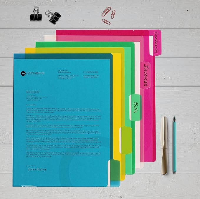 Better Office Products Poly Project Document Pockets, 25 Pack, 1/5 Cut Tabs, Plastic File Jacket Sleeves for Letter Size Paper, 5 Translucent Colors, 5 Full Sets of Tabbed Folders