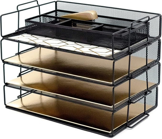 BLU MONACO 4-Tier Stackable Paper Tray for Desk Organization | Black Metal Mesh Letter File Holder | Tiered Desk Organizer for Office Workspace Document Storage 14.8 x 13 x 10.9 in