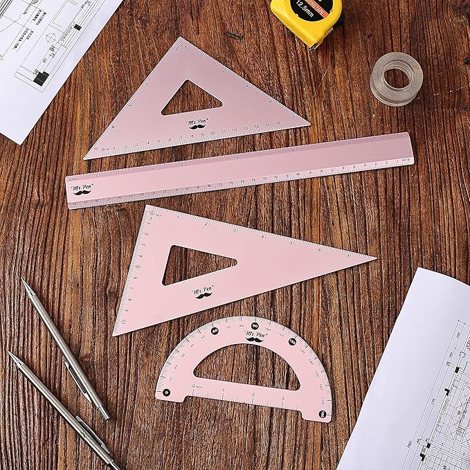 Mr. Pen- Metal Geometry Kit, 4 Pack, 45° & 30°/60° Set Squares, 6" Protractor & 12" Ruler, Durable Metal Drafting Tools for Technical Drawing, Math, Engineering & Architecture
