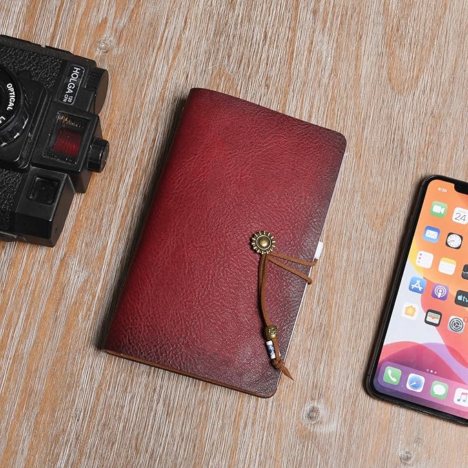 Wonderpool Leather Journal A6 Refillable 6 Ring Binder Notebook with Lined Paper and Pen,Writing Diary for Work Travel and Agenda Plan (A6, Wine red)