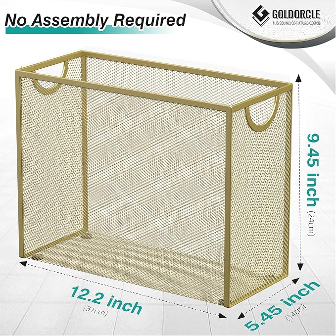 Hanging File Organizer, Letter-Size File Holder Filing Box with 5 Hanging Folders, Metal Mesh Desk File Folder Storage(No Assembly Required) (Gold)