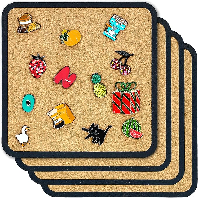 4pcs Rounded Square Pin Display Cork Board - 7.9x7.9 inch Enamel Pin Board for Brooch and Pin Collection Display, Ideal for Home, Office and School Decor