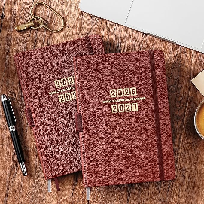 Planner 2026-2027 - Jul. 2026 - Jun. 2027, Academic Planner 2026-2027, Leather Planners Weekly and Monthly, 6.3" x 8.4", Hardcover with Back Pocket + Thick Paper + Twin-Wire Binding - Wine Red