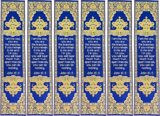Abide in Me, Bulk Pack of 6 Woven Fabric Christian Bookmarks, Silky Soft John 15:5 Flexible Bookmarker for Novels Books and Bibles, Religious Memory Verse Gift